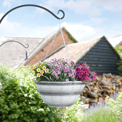 Garden Mile Garden Hanging Flower Basket 14'' Garden Plant Holder Outdoor Plant Pot Planter with Hanging 3 Way Chain Rattan Effect Wicker Basket Planter Pre- Lined for Easy Planting