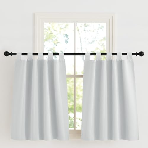 KGORGE Blickdichte Scheibengardinen Küche Modern Schlaufenvorhang Kurz | Grauweiß, H90 x B90 cm, Schlaufenschal 2er Set, Thermovorhang Hitzeschutz, Verdunkelung, Sonnenschutz, für Schafzimmer