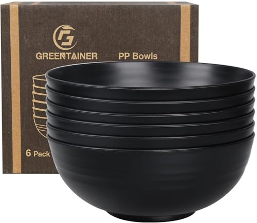 Greentainer Unbreakable Large Cereal Bowls - 2.25L Plastic Lightweight Salad, Soup, Fruit Bowl Set for Kitchen Storage Organizer, Dishwasher & Microwave Safe, 6 Pcs (Black)