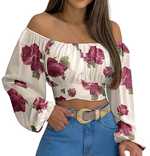 Top increspato con spalle scoperte e spalle scoperte da donna, elegante camicetta estiva con maniche lunghe svasate e fiocco posteriore alla moda, #27, Taglia unica
