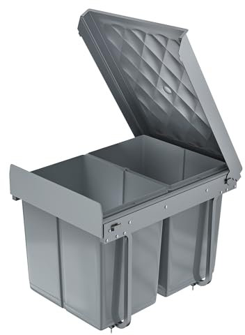TANYEAR Einbaumülleimer Unterschrank Küche 2x15L Mülltrennsystem, 2 Fächer Ausziehbarer Abfallsammler Mülleimer mit Teleskopschienen, Einbau Küchenmülleimer, Grau, 48x34x35cm