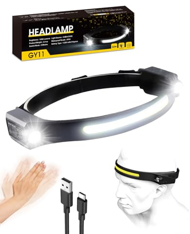 Stirnlampe LED Wiederaufladbar, Superhell 1200 Lumen Sensor Stirnlampe, 2 Spot Light 230° COB kopflampe mit 5 Lichtmodi, 12 Stunden Laufzeit, IPX4 Wasserdicht, Perfekt zum Joggen, Campen(1 Stück)