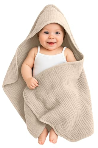 ROEOWENE Babyhandduk med huva, muslin bomull, 80 x 80 cm, babyhandduk för flickor pojkar, nyfödda, badhanddukar för småbarn muslin, babybadhanddukar-khaki