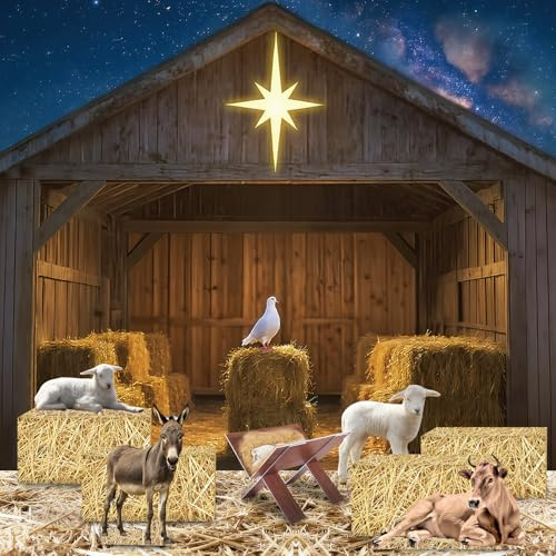 LawnIdyll Christmas Nativity Scene Decorations Set, 6.8X 4.9 ft 3D Nativity Stable Scene Backdrop and Hay Bales Boxes, Manger, Life-Size Animal Cardboard for Holy Family Xmas Christian Photo Props
