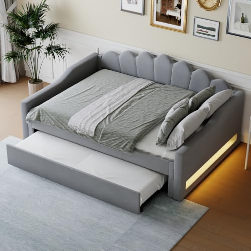 Merax Polsterbett Schlafsofa Tagesbett mit LED-Gürtel und Ausziehbett, Grau – 140 x 200 cm, Multifunktionales Sofabett Einzelbett für Gästezimmer