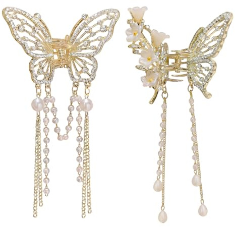 Ypkia 2 Stück Haarklammer Schmetterling Gold Quasten Metall Haarspangen Damen mit Perlen Strass und Blumen Haarclips für Frauen Mädchen Hochsteckfrisuren & Hochzeit