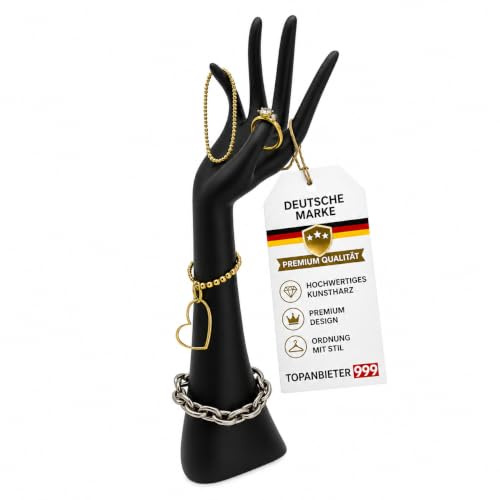 Design Schmuckhalter Hand Schwarz Schmuckständer Organizer Deko | Kunstharz, 34 cm hoch, ideal für Ringe, Armbänder, Uhren und Ketten, Schmuck Display für Schlafzimmer Kommode