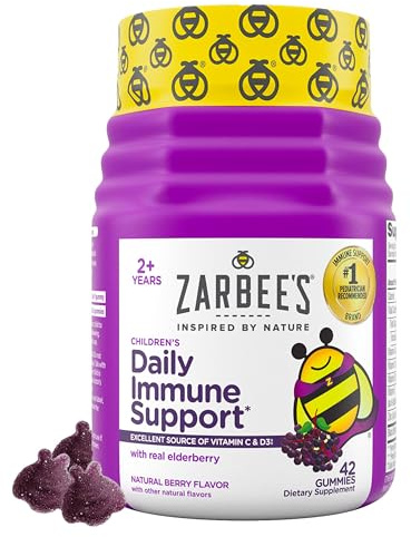Zarbee’s Elderberry Gummies for Kids, Immune Support Supplement with Vitamins A, C, D3, E, & Zinc, Gluten & Gelatin Free, No Artificial Flavors, Natural Berry Flavor, Ages 2+, 42 ct