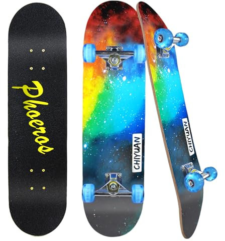 Sanguiner Complete Skateboards - Standard Skateboards mit blinkenden Rädern für Anfänger, Kids, Boys & Girls - 79 cm x 20,3 cm Ahornholzdeck, 101,6 kg Tragfähigkeit, ABEC-11-Kugellager, Multicolored