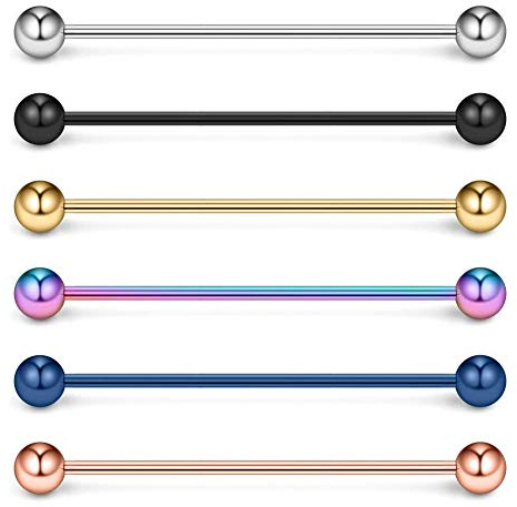 Funseedrr 6pcs Acero quirúrgico Piercing Industrial Barbell 14Gauge 32mm cartílago oído Piercing joyería