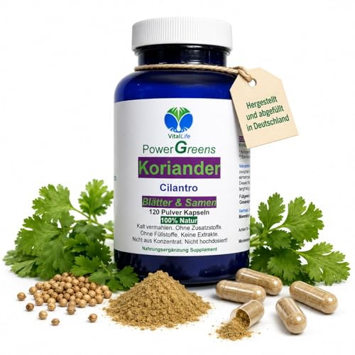 Koriander 120 Kapseln Cilantro Vollspektrum BLÄTTER & SAMEN - kein Extrakt 100% Natur pur. Mikrofein vermahlen. Ohne ZUSATZSTOFFE. Ohne FÜLLSTOFFE. 1 Monat Vorrat. 26421-120
