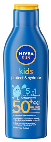 NIVEA SUN Lait solaire KIDS Protect & Play FPS 50+ (1 x 200 ml), crème solaire hydratante pour peau sensible des enfants, protection UVA/UVB résistante à l'eau