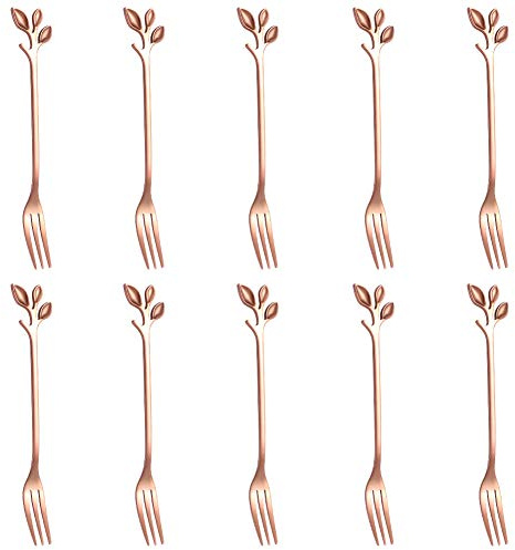 AnSaw 10-Piece Rose Gold Mini Leaf Dessert Forks Set - 4.7 Elegant Stainless Steel Fruit, Appetizer, Cake & Salad Forks - Perfect for Cocktail Parties & Home Use