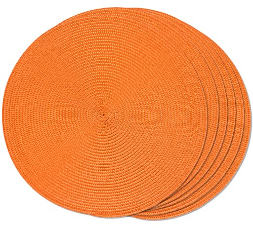 FunWheat - Set of 6 Round Braided Placemats for Dining Tables, Washable, Non-Slip, 15 Inch, Orange
