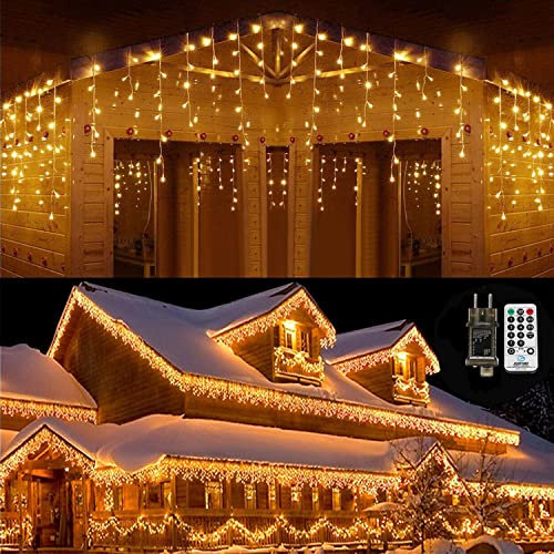 Qedertek Luci Natale Esterno Cascata 10M 432 LED Tenda Luminosa Bianco Caldo, Luci Natalizie con Telecomando, 8 Modalità, Timer per Decorazione Natale