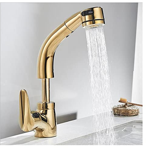 Ksunun Wasserhahn Bad mit Amusziehbarer Brause 360° Drehbar Waschtischarmatur 2 Modi Kaltes- heißes Wasser Anheben Mischbatterie Waschbecken Bidetarmatur, Messing,Gold