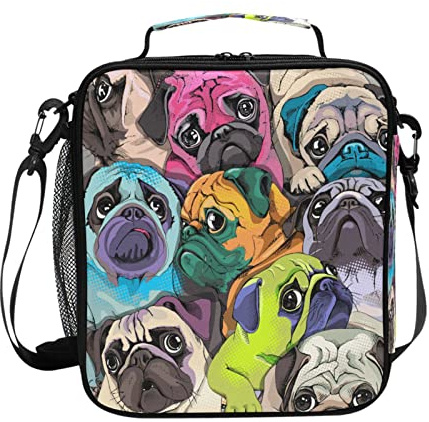 Quteprint Colorful Pug Dog Animal Lunch Box for Kids Men Women, Insulated Lunchbox Lunch Bag Ice Packs Food Containers Reusable Thermal Cooler Bag Backpack for Girls Boys Adults School Work