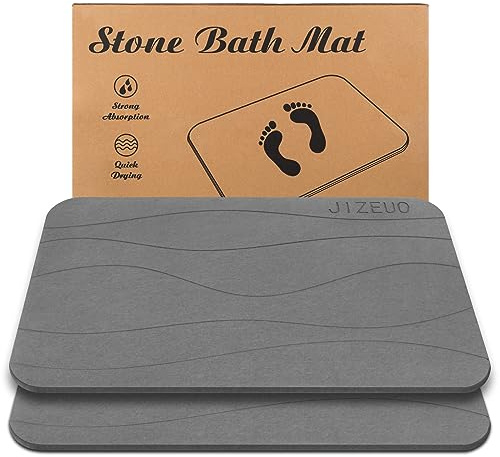 JIZEUO Stone Bath Mat, Diatomaceous Earth Shower Mat, Non-Slip Super Absorbent Quick Drying Bathroom Floor Mat，2 Pack, Grey