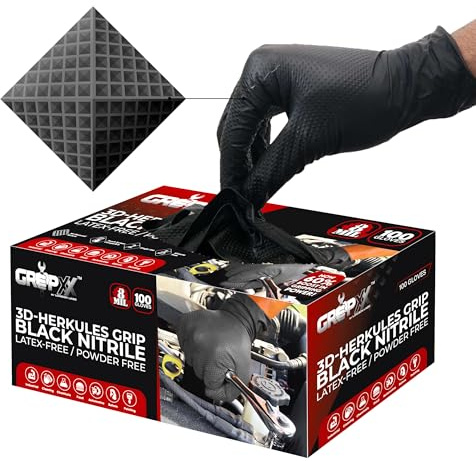 GRIPXX Gants en nitrile noirs de 8 mm – Très résistants, texture diamant en relief 3D – Sans latex et sans poudre – Industriel, mécanique, service alimentaire – Gants jetables pour les tâches
