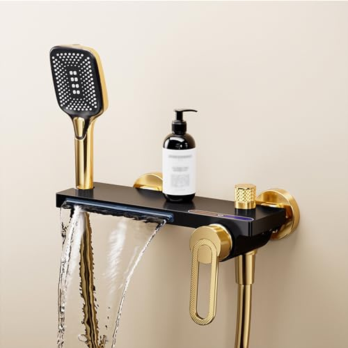XJTNLB Wannenarmatur Wasserfall Bad Armaturen Badewanne Mischbatterie Wandmontage Badewannenarmatur mit 3 Modi Handbrause Gold+Schwarz