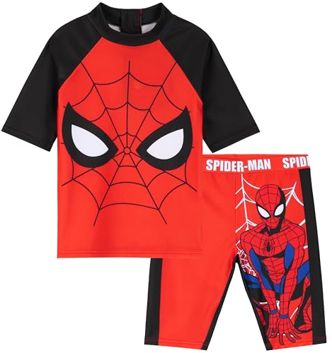 Marvel Spiderman barnbaddräkt, tvådelad baddräkt med topp och badbyxor pojkar, Röd / svart, 11-12 År