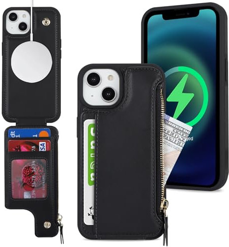 SailorTech iPhone 14 Etui mit Kartenhalter, iPhone 14 Hülle mit Reißverschluss Kartenfach Geldbörse für iPhone 14 Handyhülle Lederhülle - Schwarz