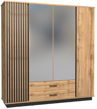 MINIO go for it - Kleiderschrank Lamia 18, Schrank mit Spiegel | 196.6 cm Breit, mit 4 Türen, mit 2 Schubladen, mit 3D MDF Lamellen, Farbe: Wotan Eiche / Schwarz Matt