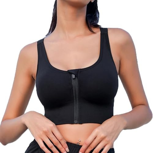 BSLVWG Sports Bra for Women- Zip Front Fastening Sports Bra Removable Padded Seamless Activewear Bras Plus Size for Girls in Yoga Gym Workout Fitness (Black, L)