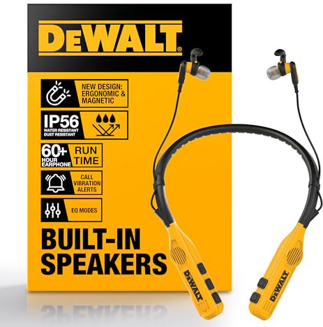 DEWALT Heavy Duty 2-in-1 Neckband Bluetooth Headphones w/Built-In Speakers, Jobsite Wearable Speaker & Around Neck Headphones, Wireless Bluetooth Headset, 60+ Hrs Hands-free Music/Calls, Carry Pouch