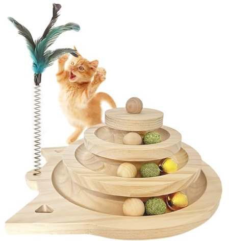 WishesMar Interaktives Katzen Spielzeug aus Holz Katzenspielzeug mit 3 Arten von Bällen Intelligenz-Spielzeug für Kätzchen Körperliche Bewegung Geistig 2-stufiges Kugelturm Spiel Schienen Spielzeug