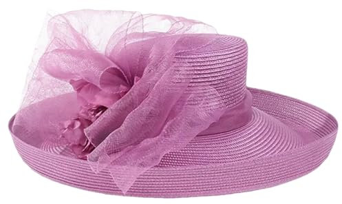 Dndrdhfb Enfärgad stråhatt för kvinnor brett brätte bröllopshatt organza kyrkohatt, Lila, en storlek