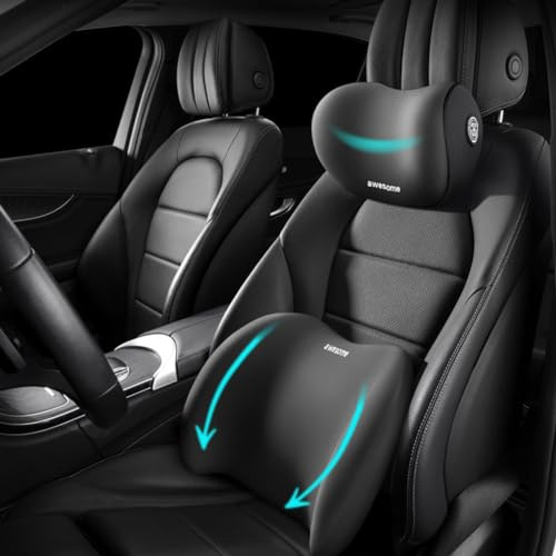 Sothuba Car Lumbar Support Pillow and Car Neck Pillow Kit, Ergonomic Car Seat Headrest & Lumbar Cushion with Adjustable Strap for Neck Back Pain Relief, for Office Chair/Truck/Wheelchair (Black)