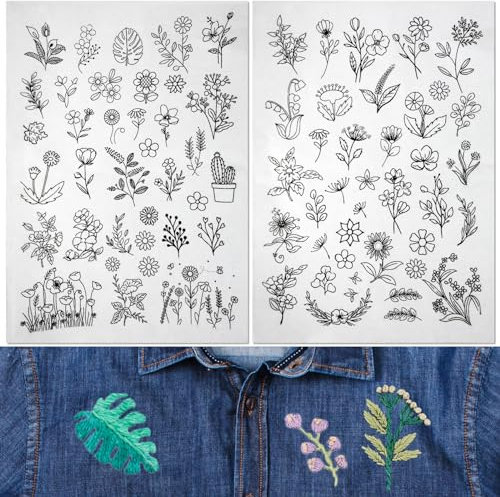 JSRQT 72 Stück Abwaschbare Stickvorlagen Mit Blumen,Stickbilder auf Stickvlies,Wasserlöslicher Stabilisator,Stickvlies selbstklebend für DIY Stickerei Handnähen