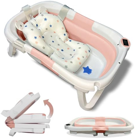 BAÑERA PLEGABLE BEBÉ 5 EN 1 Termómetro + Cojín Protector + Patas Antideslizantes + Tapón de Seguridad | Bebé Recién Nacido | Diseño Plegable en 2 | Fácil de Guardar y Transportar (Rosa)