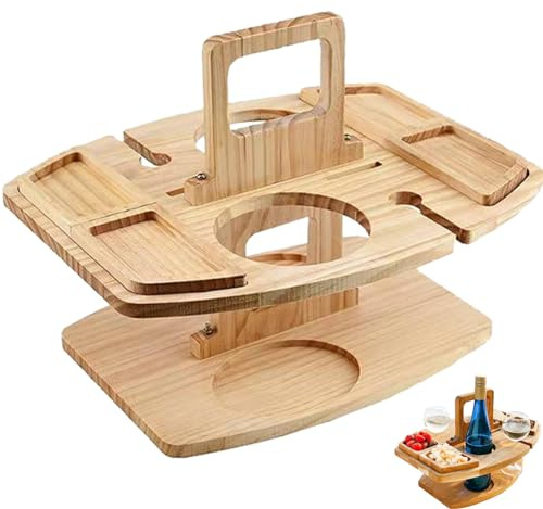 Picknicktisch tragbarer Abnehmbarer Weintisch mit 2 Weingläserhalter stilvoller Holz -Mini -Snack -Tablett für Weinliebhaber im Freien im Freien, Strand, Camping, Weintisch
