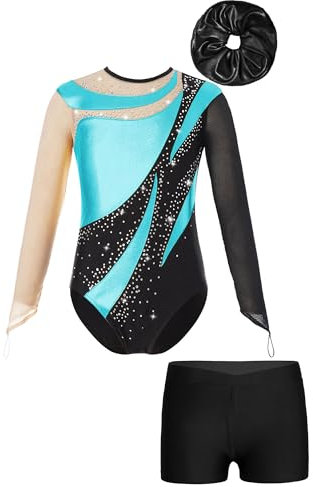 Alvivi Kinder Mädchen Gymnastikanzug Glitzer Turnanzug Langarm Ballettanzug mit Kurze Hose Haarband Turntrikot Gymnastik Kleidung Tanzkostüm Türkis&Schwarz 146-152