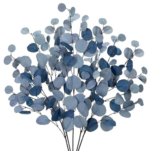 Briful 5PCS Künstliche Eukalyptus Kunstzweige 48CM Künstliche Zweige Dunkelblau Eukalyptusstiel Kunstpflanzen für Blumengesteck Home Dekoration