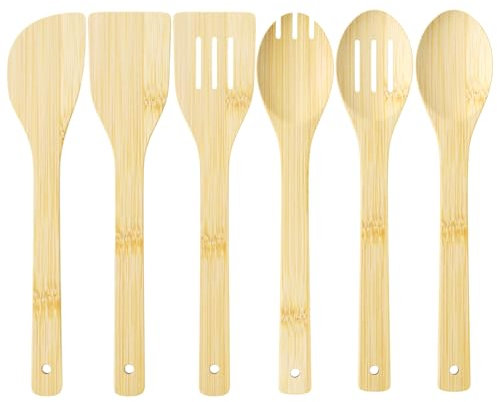 MeoZynxadril 6 Piezas Utensilios de Cocina, Utensilios de Bambú, Espátula de Madera, Cucharones para Sartenes Antiadherentes