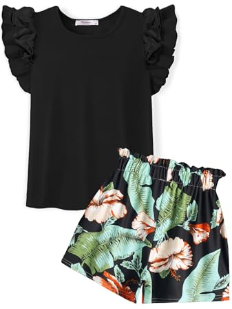 Arshiner Ensembles Filles D'été Couleur Unie T-shirt Short Tenue Enfants Ensemble Vêtements Manches Volants Coton Vêtements Loisirs Deux Pièces Filles avec Poche 6-14 Ans