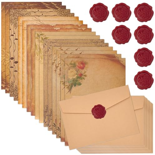 EUIEUT 16 Stück Briefpapier B5 Vintage Briefpapier mit Umschlag Set Schreibpapier Kraftpapier Briefumschläge Retro Briefschreibset Letter Paper mit 16 Wachssiegel Aufkleber 16 Kraft Briefumschläge