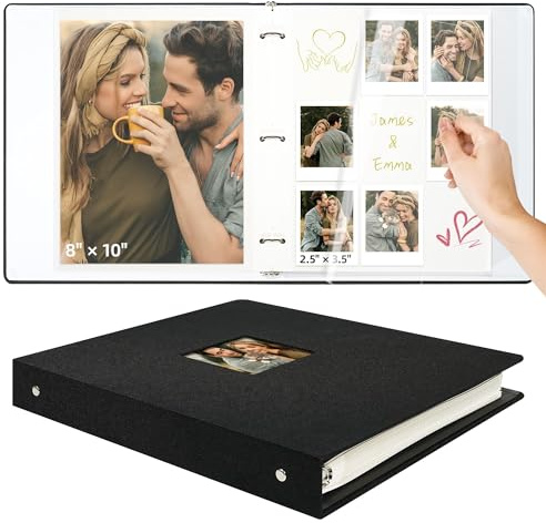 Vienrose Fotoalbum Selbstklebend, 3-Ring-Design, Leinendecke, 20 Blatt/40 Seiten, für Fotos 10x15, 13x18, 18x24 cm (Schwarz)