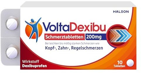 VoltaDexibu Schmerztabletten, 10 Filmtabletten, Dexibuprofen 200 mg | Schneller und stärker als Ibuprofen: 200 mg Dexibuprofen Tabletten im Vgl. zu 400 mg Ibuprofen Tabletten in den ersten 3 h*