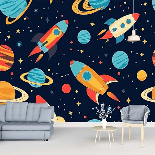 Vlies Fototapete 400 x 280 cm Fototapete Schlafzimmer Wohnzimmer Moderne Vliestapete Blau und Gelb Wandtapete Fototapeten 3d Effekt Dekoration Cartoon-Weltraumthema-Muster
