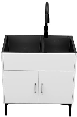 Lavandino da Esterno in Acciaio Inox Lavello Cucina 2 Vasca Mobile da Esterno Lavabo Multiuso con mobiletto Lavatoio da Giardino Autoportante per Commerciale Ristorante Garage Lavanderia(White,78x43x7