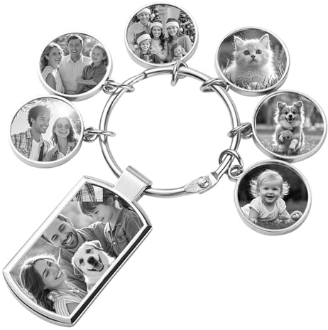 Porte Clef Personnalisable avec Photo et Texte Recto-Verso, Porte Clé Personnalisé Photo Personnalisé, Porte Clef Femme Homme Couple, Idée Cadeau pour Fete des Meres, Fete des Peres, Noël (G: 7 Photo)