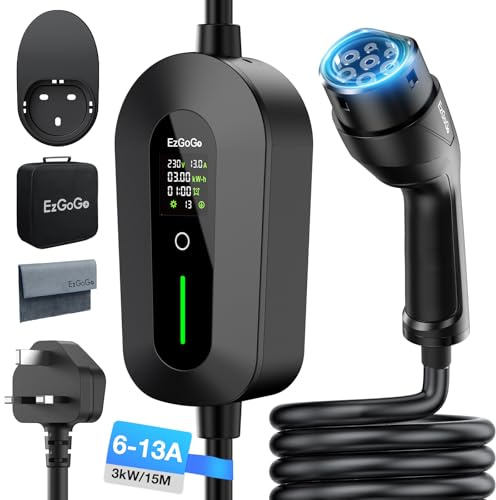 EzGoGo EV Charger Cable Type 2 to 3 Pin Plug 49.21Ft/15M Electric Car Charger 3kW, [6/8/10/13A] Type 2 Charging Cable 3 Pin EV Charger IP65 Advanced Protection Suitable for EVs & PHEVs
