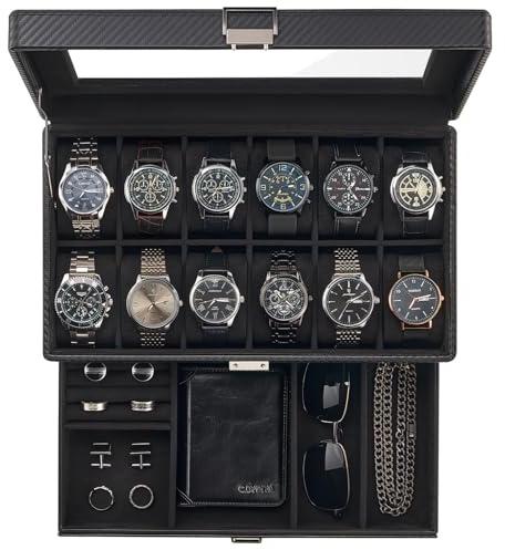 ProCase 12 Slot Premium Uhrenbox Uhrenkoffer Watch Box | Uhrenkasten mit Glasdeckel Uhrenkissen, Herren Schmuckaufbewahrung für Ringe Armbänder Halsketten
