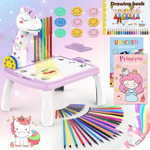 BuzzoXerex Projecteur Dessin Enfants, 52 Pièces Tableau Dessin Projection Enfant Set avec 72 Motifs, Carnet de Croquis, Carnet d'autocollants, Crayons de Couleur pour Enfants 3-10 Ans (Violet)