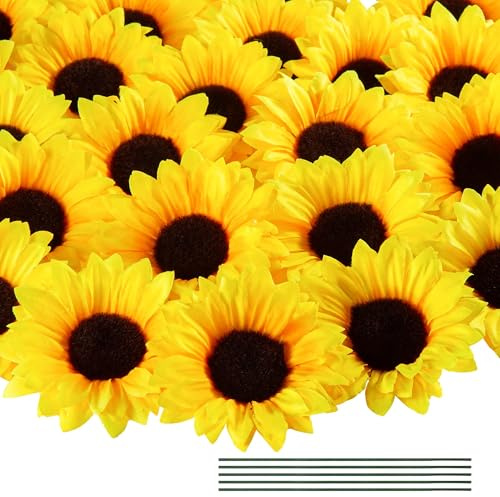 40 cabezas de girasol artificiales para decoración del hogar, fiestas, bodas | Cabezas de girasol falsas con tallos de 10 cm, girasoles de seda realistas para decoración de fiestas, bodas y hogar