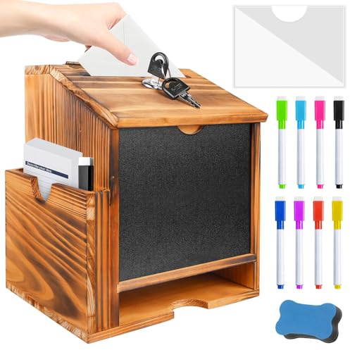 Holz Vorschlagsbox, 20.3 * 15 * 27cm Spendenbox Abschließbar Mit 8-Farben-Tafelstift und nichtmagnetischem Tafelwischer, Kummerkasten für Schule, Büro, Krankenhaus, Vorschlag, Spende, Stimmzettel